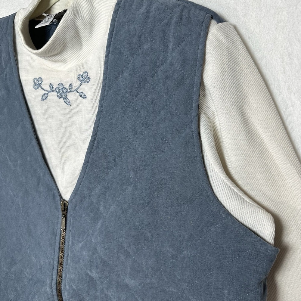 ALFRED DUNNER Blue Quilted Faux Suede Vest Embroidered Mock Neck Top Set 16W - Picture 4 of 9